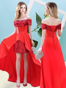 Glorious Red Lace Up Beading Short Sleeves High Low