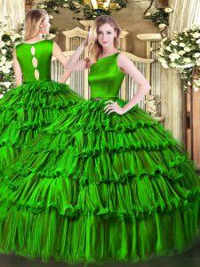On Sale Green Organza Clasp Handle Scoop Sleeveless Floor Length Quinceanera Gowns Ruffled Layers