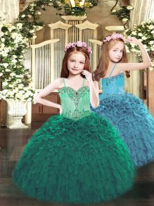 Hot Selling Beading and Ruffles Pageant Dresses Dark Green Lace Up Sleeveless Floor Length