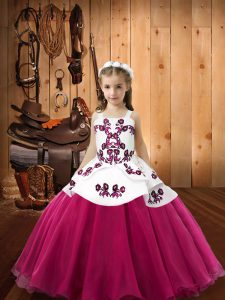 Sleeveless Organza Floor Length Lace Up Girls Pageant Dresses in Fuchsia with Embroidery