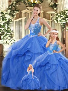 Admirable Beading and Ruffles Sweet 16 Dresses Blue Lace Up Sleeveless Floor Length