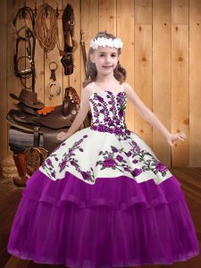Sweet Fuchsia Sleeveless Embroidery Floor Length Pageant Gowns For Girls