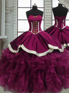 Traditional Fuchsia Ball Gowns Sweetheart Sleeveless Organza Floor Length Lace Up Beading and Ruffles Quinceanera Gown