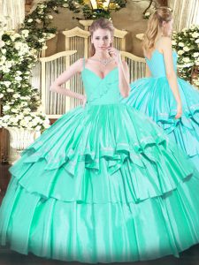 Turquoise Ball Gowns Taffeta Spaghetti Straps Sleeveless Ruffled Layers Floor Length Zipper Ball Gown Prom Dress