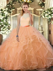Floor Length Backless Quinceanera Dresses Peach for Sweet 16 and Quinceanera with Ruffles