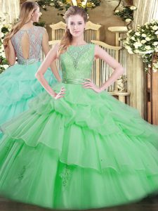 Shining Sleeveless Floor Length Beading and Ruffled Layers Backless Sweet 16 Dress with Apple Green