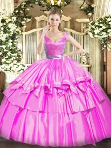 Floor Length Zipper 15th Birthday Dress Fuchsia for Military Ball and Sweet 16 and Quinceanera with Beading and Ruffled 