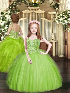High End Spaghetti Straps Sleeveless Tulle Kids Formal Wear Beading and Ruffles Lace Up