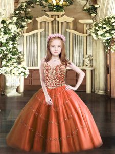 Custom Designed Straps Sleeveless Lace Up Kids Pageant Dress Rust Red Tulle