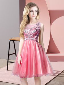 Cheap Watermelon Red Tulle Zipper Prom Party Dress Sleeveless Knee Length Beading
