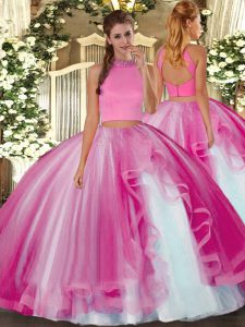 Most Popular Floor Length Hot Pink Quince Ball Gowns Halter Top Sleeveless Backless