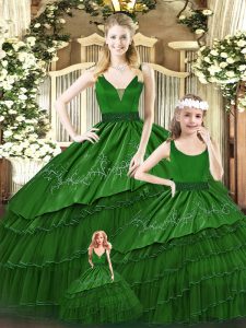 Graceful Green Organza Lace Up Sweet 16 Quinceanera Dress Sleeveless Floor Length Beading and Embroidery and Ruffled Lay