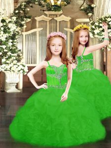 Green Organza Lace Up Spaghetti Straps Sleeveless Floor Length Little Girls Pageant Dress Wholesale Beading and Ruffles 