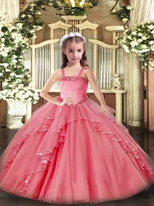 Charming Organza Straps Sleeveless Lace Up Appliques and Ruffles Pageant Gowns For Girls in Watermelon Red