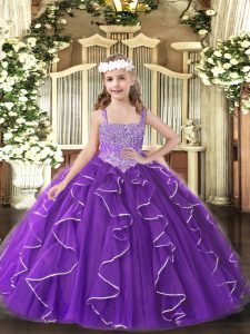 Purple Pageant Dresses Party and Sweet 16 and Quinceanera and Wedding Party with Beading and Ruffles Straps Sleeveless L