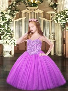 Lilac Sleeveless Floor Length Appliques Lace Up Little Girls Pageant Dress