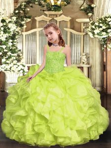 Sleeveless Floor Length Beading and Ruffles Lace Up Pageant Dress for Teens with Yellow Green