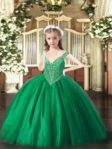 Green Ball Gowns Beading Evening Gowns Lace Up Tulle Sleeveless Floor Length