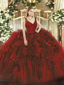 Wine Red Sleeveless Organza Backless 15 Quinceanera Dress for Military Ball and Sweet 16 and Quinceanera