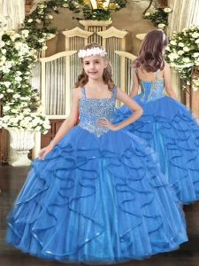 Baby Blue Sleeveless Tulle Lace Up Winning Pageant Gowns for Party and Sweet 16 and Quinceanera and Wedding Party