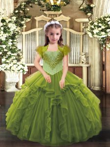 High End Sleeveless Floor Length Beading and Ruffles Lace Up Pageant Dresses with Olive Green