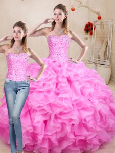 Rose Pink Ball Gowns Organza Sweetheart Sleeveless Beading and Ruffles Floor Length Lace Up Quinceanera Gown