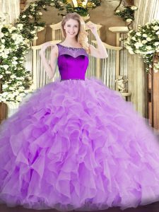 Sleeveless Floor Length Beading and Ruffles and Hand Made Flower Zipper Quinceanera Dresses with Lavender