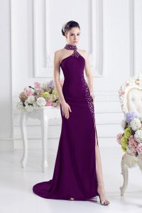 Glorious Dark Purple Column/Sheath Beading Prom Dresses Zipper Elastic Woven Satin Sleeveless