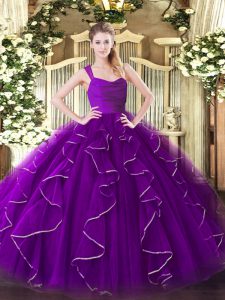 Eggplant Purple Sleeveless Organza Zipper Ball Gown Prom Dress for Military Ball and Sweet 16 and Quinceanera