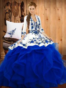 Dramatic Blue Sleeveless Floor Length Embroidery Lace Up Sweet 16 Dress
