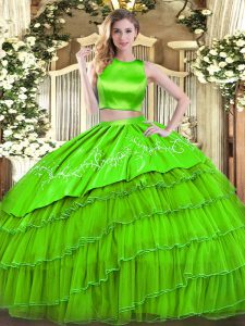 Customized Sleeveless Floor Length Embroidery and Ruffled Layers Criss Cross Quinceanera Gown with