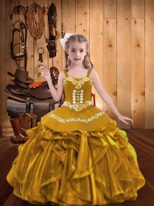 Gold V-neck Neckline Embroidery and Ruffles Little Girl Pageant Gowns Sleeveless Lace Up