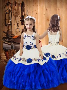 Beauteous Royal Blue Organza Lace Up Kids Formal Wear Sleeveless Floor Length Embroidery and Ruffles
