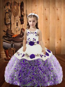 High End Multi-color Lace Up Straps Embroidery and Ruffles Pageant Gowns For Girls Fabric With Rolling Flowers Sleeveles