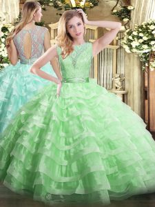 Scoop Sleeveless Backless Sweet 16 Dresses Apple Green Organza