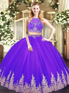 Spectacular Purple Ball Gowns Scoop Sleeveless Tulle Floor Length Zipper Beading and Appliques Ball Gown Prom Dress