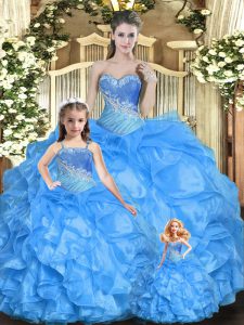 Baby Blue Lace Up Quince Ball Gowns Beading and Ruffles Sleeveless Floor Length