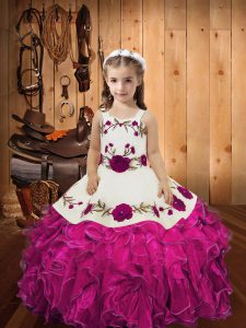 Custom Made Fuchsia Organza Lace Up Little Girls Pageant Dress Wholesale Sleeveless Floor Length Embroidery and Ruffles