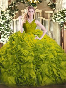 Noble Olive Green V-neck Neckline Ruffles Ball Gown Prom Dress Sleeveless Zipper