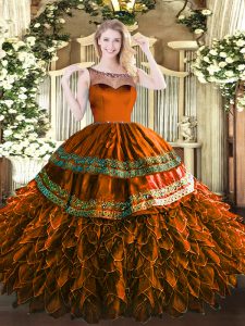 Ideal Sleeveless Floor Length Beading and Appliques and Ruffles Zipper Sweet 16 Dresses with Rust Red