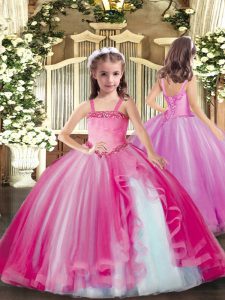 Fuchsia Sleeveless Floor Length Appliques Lace Up Little Girls Pageant Dress Wholesale