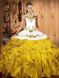 Floor Length Lace Up Quince Ball Gowns Gold for Military Ball and Sweet 16 and Quinceanera with Embroidery and Ruffles