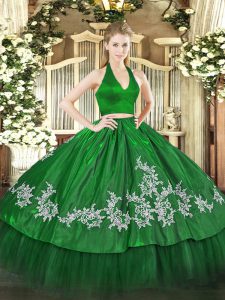 Attractive Green Zipper Halter Top Appliques Quinceanera Gowns Taffeta Sleeveless