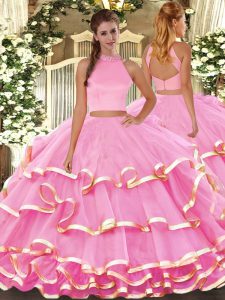 Cheap Halter Top Sleeveless Backless Vestidos de Quinceanera Rose Pink Organza