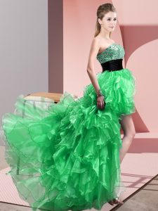 Green Lace Up Dress for Prom Beading and Ruffles Sleeveless High Low