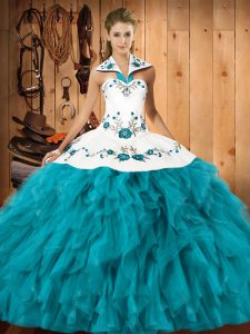 Halter Top Sleeveless Satin and Organza Sweet 16 Dresses Embroidery and Ruffles Lace Up