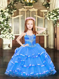 Blue Sleeveless Floor Length Beading and Ruffled Layers Lace Up Girls Pageant Dresses