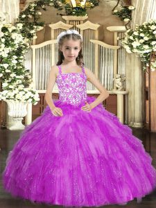 Modern Lilac Lace Up Straps Beading and Ruffles Girls Pageant Dresses Organza Sleeveless
