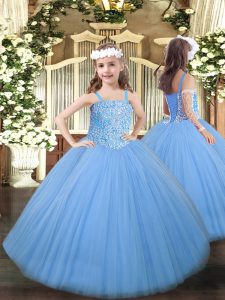 Tulle Straps Sleeveless Lace Up Beading Little Girls Pageant Gowns in Baby Blue