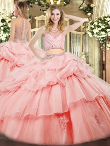 Elegant Pink Tulle Zipper High-neck Sleeveless Floor Length Quince Ball Gowns Beading and Ruffles